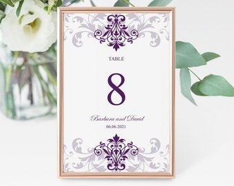 Classic Wedding Table Numbers Template "Elegant Ironwork", Plum Purple. DIY Printable Card Signs, Flat. Editable Templett, Instant Download.