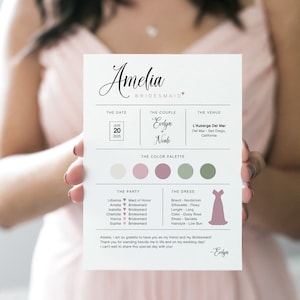 Plantilla de tarjeta de información de dama de honor, tarjeta de caja de regalo de propuesta de dama de honor, información de fiesta nupcial, infografía de dama de honor, editar con Templett