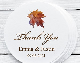 Wedding Favor Tag Template "Fall in Love". DIY Printable Sticker Label with Watercolor Leaf, Square or Round. Templett, Instant Download.