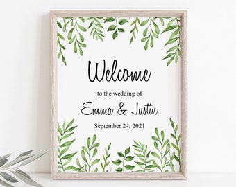 Custom Wedding Sign Template "Lovely Leaves", Green. DIY Printable Watercolor Greenery Nature Wedding Sign. Templett, Instant Download.
