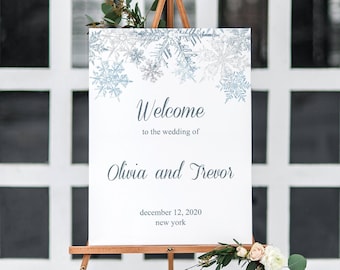 Welcome Poster Template "Snowflakes", Silver & Blue. DIY Printable Winter Wedding or Christmas Party Custom Sign. Templett, Instant Download