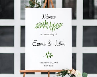 Nature Wedding Welcome Poster Template "Lovely Leaves", Green. DIY Printable Watercolor Greenery Custom Sign. Templett, Instant Download.