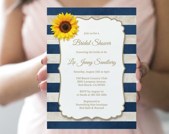 Bridal Shower Invitation Template Sunflower Stripes, Navy Blue. DIY Rustic Printable Invite. 100% Editable Text. Templett, Instant Download.