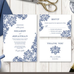 Ensemble de faire-part de mariage DIY "Vintage Lace", bleu marine. Suite de modèles imprimables : invitation, RSVP et carte de remerciement. Templett, téléchargement immédiat.