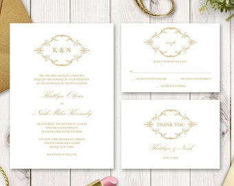 Wedding Invitation Set "Perfect Match", Gold. DIY Printable Templates: Invite, RSVP, Thank You Card. Editable Templett, Instant Download.