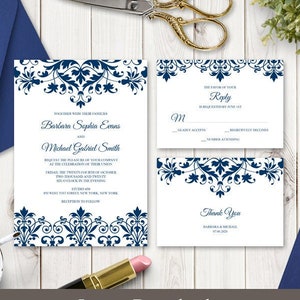 Ensemble d'invitations de mariage cathédrale, ornements bleu marine. Modèles imprimables : invitation, carte RSVP et note de remerciement. Templett, téléchargement instantané.