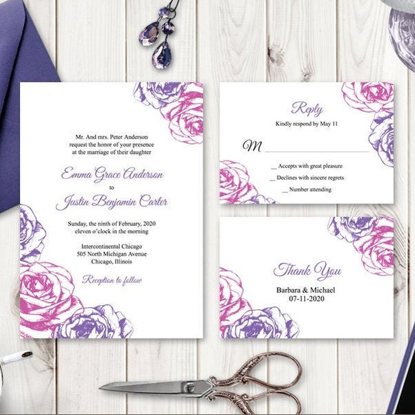 Hochzeitseinladungs-Set Sommerrosen, lila rosa & violett. DIY Druckbare Vorlagen: Einladung, RSVP, Dankeskarte. Templett, Sofort Download