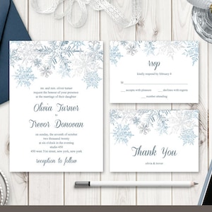 Winter Wedding Invitation Set &quot;Snowflakes&quot;, Silver & Blue. DIY Printable Templates: Invite, RSVP, Thank You Card. Templett, Instant Download