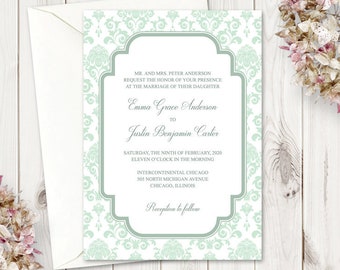 DIY Wedding Invitation Template "Floral Damask" in Mint Green. Prinatble Baroque Wedding Invite, Fully Editable. Tempeltt, Instant Download.