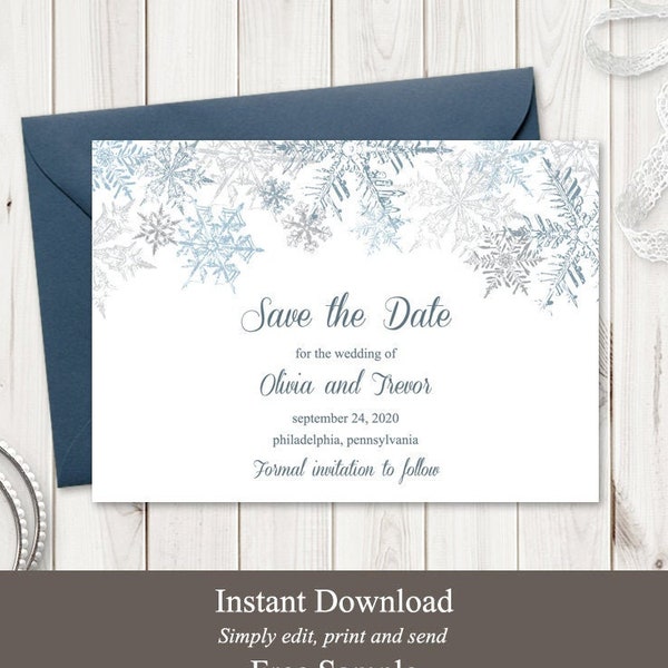 Winter Wedding Save the Date Card Template "Snowflakes", Silver & Blue. Printable Christmas Party Card. Editable Templett, Instant Download.