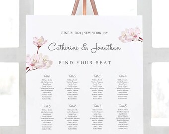 Spring Wedding Seating Chart Poster Template Cherry Blossom, Pink. DIY Printable Sakura Custom Seating Plan Sign. Templett, Instant Download