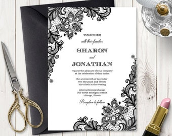 Black Lace Wedding Invitation "Vintage Lace". DIY Elegant Printable Invite Template, Rustic Style. Editable Templett, Instant Download.