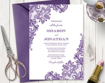 Elegant Wedding Invitation &quot;Vintage Lace&quot;, Purple. DIY Printable Rustic Invite Template. Editable Templett, Instant Download.