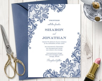 Wedding Invitation Template &quot;Vintage Lace&quot;, Navy Blue. DIY Printable Invite, Rustic Style. Editable Templett, Instant Download.
