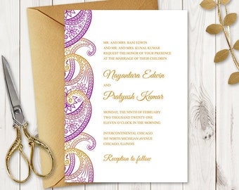 Indian Wedding Invitation Template "Paisley", Purple & Gold. DIY Printable Traditional Mhendi Ornaments Invites. Templett, Instant Download.