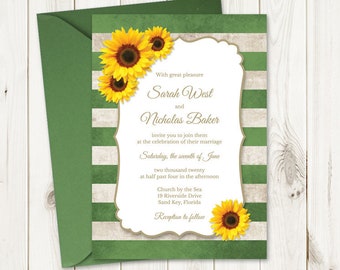 Summer Wedding Invitation "Sunflower Stripes", Green. DIY Printable Rustic Invite Template, 100% Editbale Text. Templett, Instant Download.