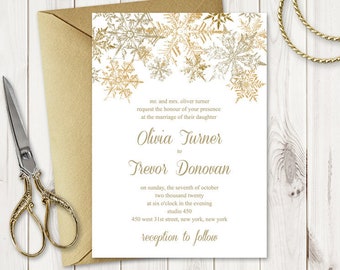 Christmas Wedding Invitation Template &quot;Snowflakes&quot;, Gold. DIY Winter Printable Invite Template. Editable Templett, Instant Download.