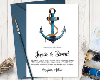 Watercolor Anchor Wedding Invitation Template "Nautical Allure". DIY Printable Beach Party Invite. Editable Templett, Instant Download.