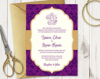 Traditional Indian Wedding Invitation Template Vibrant Celebration, Purple & Gold. DIY Printable Ganesha Invites. Templett, Instant Download