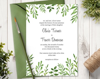 Watercolor Greenery Wedding Invitation Template &quot;Lovely Leaves&quot;, Green. DIY Printable Nature Invite. Editable Templett, Instant Download.