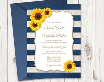 Wedding Invitation "Sunflower Stripes", Navy Blue. DIY Printable Rustic Style Summer Invite Template. Editbale Templett, Instant Download.