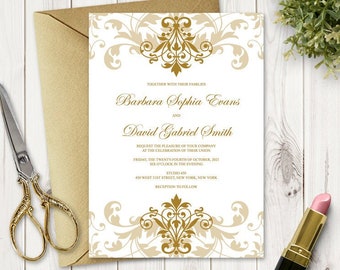 Classic Wedding Invitation Template "Elegant Ironwork" with Gold Ornaments. DIY Printable Invite Template. Templett, Instant Download.