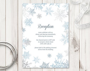 Winter Wedding Reception Card Invitation Template Snowflakes, Silver & Blue. Christmas Invite Printable Tamplate. Templett, Instant Download