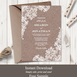 Kraftpapier Hochzeit Einladungsvorlage "Vintage Lace", Basteln. DIY Printable Invite, Rustikaler Stil. Bearbeitbares Templett, Sofortiger Download.