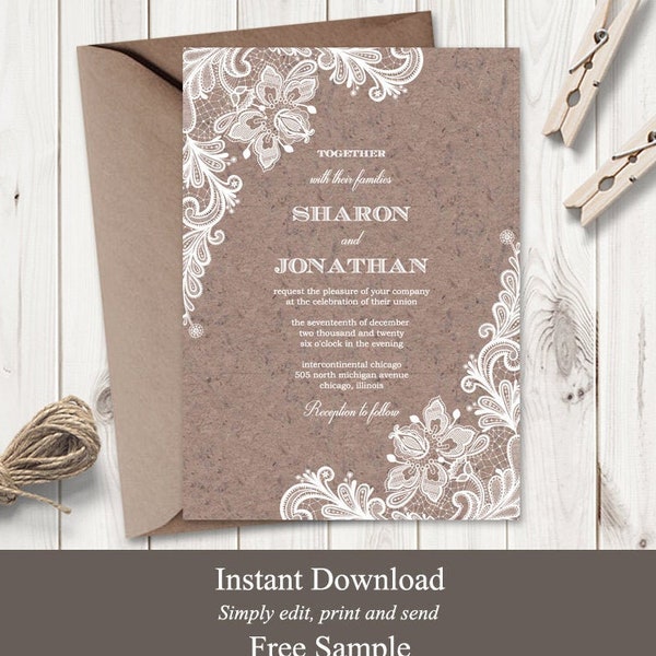 Kraft Paper Wedding Invitation Template "Vintage Lace", Craft. DIY Printable Invite, Rustic Style. Editable Templett, Instant Download.