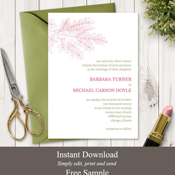 Spring Wedding Invitation Printable Template "Leafy Branch" in Hot Pink & Olive Green. DIY Outdoor Nature Invite. Templett, Instant Download