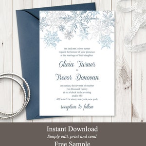 Winter Wedding Invitation Template Snowflakes, Silver & Blue. DIY Christmas Party Printable Invite. Editable Templett, Instant Download.