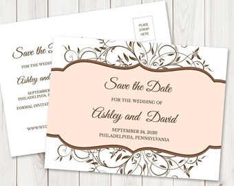 Save the Date Postcard "Spring Vines", Peach & Brown Color. DIY Wedding Printable Template, Fully Editable Text. Instant Download, Templett.