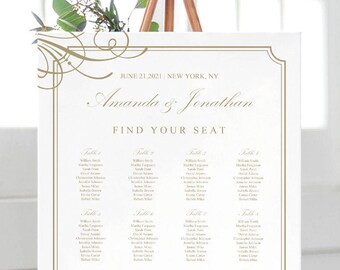 Seating Chart Poster Template "Classy Luxe", Old Gold. DIY Printable Custom Wedding Seating Plan Sign. Editable Templett, Instant Download.