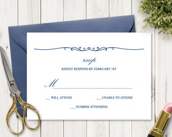 Printable Wedding RSVP "Classic Ceremony", Navy Blue. DIY Response Card Template, Fully Editable Text & Artwork. Templett, Instant Download.