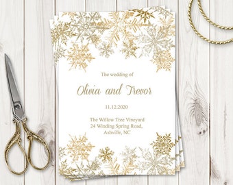 Christmas Wedding Program Template "Snowflakes", Gold. Printable Winter Party Program, Folded Booklet. Editable Templett, Instant Download.