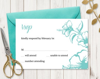 Destination Wedding RSVP Template "Hawaii", Turquoise Hibiscus Flower. DIY Printable Beach Party Response Cards. Templett, Instant Download.