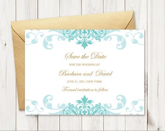 Klassieke bruiloft Save the Date-kaart "Elegant ijzerwerk", turkoois en goud. DIY afdrukbare sjabloon. Bewerkbare Templett, direct downloaden.