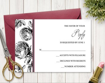 Black Roses Wedding RSVP Template "Classic Roses". Printable Response Card Insert. DIY Rustic Template. Instant Download, Templett.