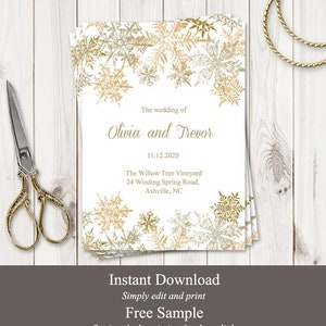 Christmas Wedding Program Template "Snowflakes", Gold. Printable Winter Party Program, Folded Booklet. Editable Templett, Instant Download.