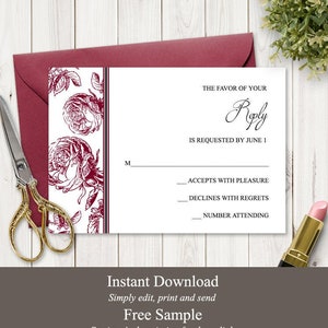 Modèle imprimable RSVP de mariage Roses classiques, vin rouge de Bourgogne. Carte de réponse DIY, formulation modifiable. Templett, Téléchargement instantané