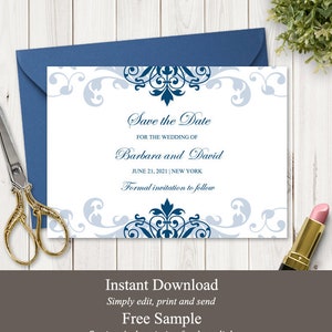 Carte Save the Date de mariage classique « Ferronnerie élégante » avec des ornements bleu marine. Modèle imprimable de bricolage. Templett modifiable, téléchargement instantané.