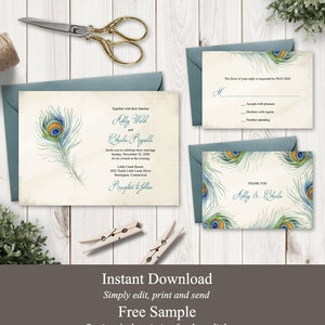 Ensemble d'invitations de mariage Boho "Plume de paon". Modèles imprimables de bricolage : invitation, carte RSVP et note de remerciement. Templett, téléchargement immédiat.