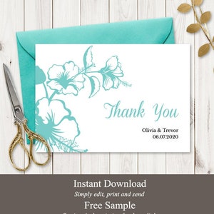Destination Wedding Thank You Card Template &quot;Hawaii&quot;, Turquoise Hibiscus. DIY Printable Beach Party TY Note. Templett, Instant Download.