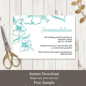 Destination Wedding Anpassungen Kartenvorlage "Hawaii", Türkis. Printable Beach Party Einlage Einlage. Templett, Sofort Download.