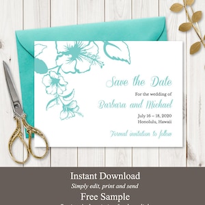 Destination Wedding Save the Date Template &quot;Hawaii&quot;, Turquoise Hibiscus Flowers. DIY Beach Party Printable Card. Templett, Instant Download.