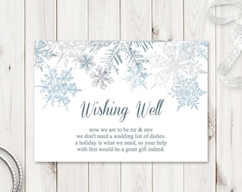 Winter Wedding Wishing Well Template Snowflakes, Silver & Blue. Printable Gifts Information Card Insert. Editable Templett, Instant Download