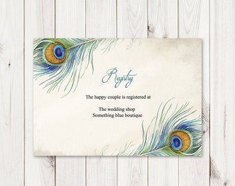 Bohemian Wedding Registry Card "Peacock Feather". DIY Printable Boho Enclosure Card Template Insert. Editable Templett, Instant Download.