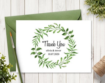 Watercolor Wreath Wedding Thank You Card Template "Lovely Leaves", Green. DIY Printable Nature TY Note. Editable Templett, Instant Download.