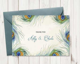 Bohemian Wedding Thank You Card "Peacock Feather". Vintage Style Printable Template. DIY Boho Style TY Note. Templett, Instant Download.