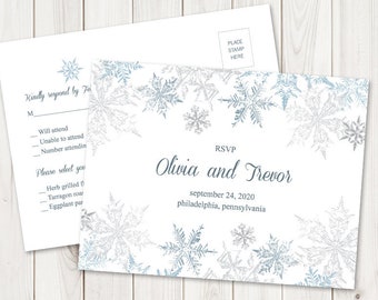 Winter Wedding RSVP Postcard Template "Snowflakes", Silver & Blue. DIY Printable Christmas Party Response Card. Templett, Instant Download.